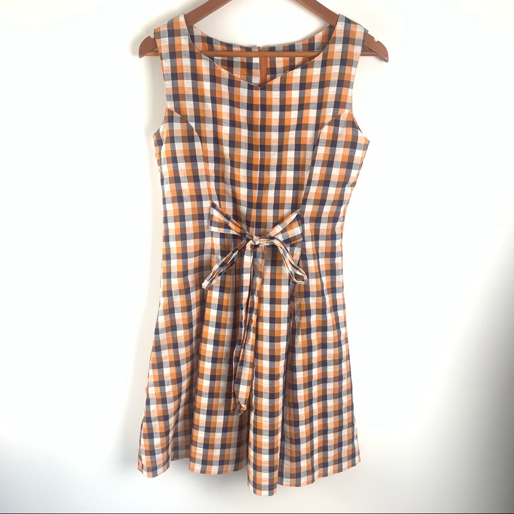 Sakura Sleeveless Orange And Blue Gingham Tie Waist Dress, Size M